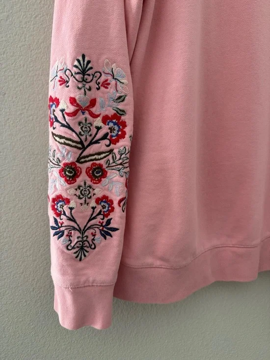 Talbots Pink Embroidered-Sleeve Crewneck Sweatshirt Size Medium - Picture 2 of 5